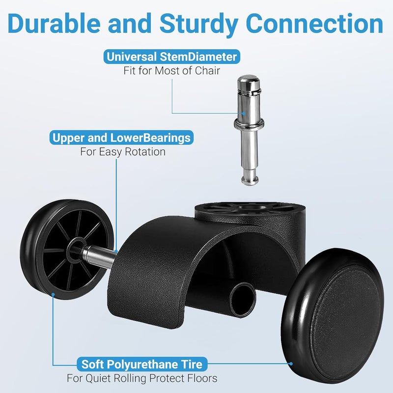 ZKJAYOE 2 Inch Office Chair Casters Wheels Heavy Duty, 5 pcs Chair Wheel Replacement, Mute Rubber Rotating Desk Chair Wheels for All Floor, Smooth & Quiet Caster, Universal Standard Stem Size Fits 99% - Image 4